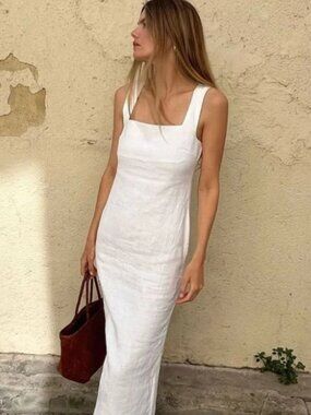 Zara Linen Blend Midi Dress Wide Straps Ecru White Size Large